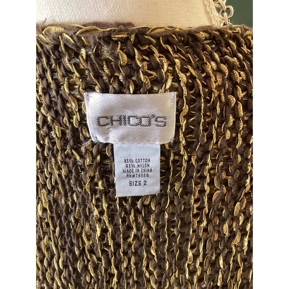 Chico's Brown Gold Metallic Open Knit Cardigan Size 2 Single Button - Picture 4 of 4